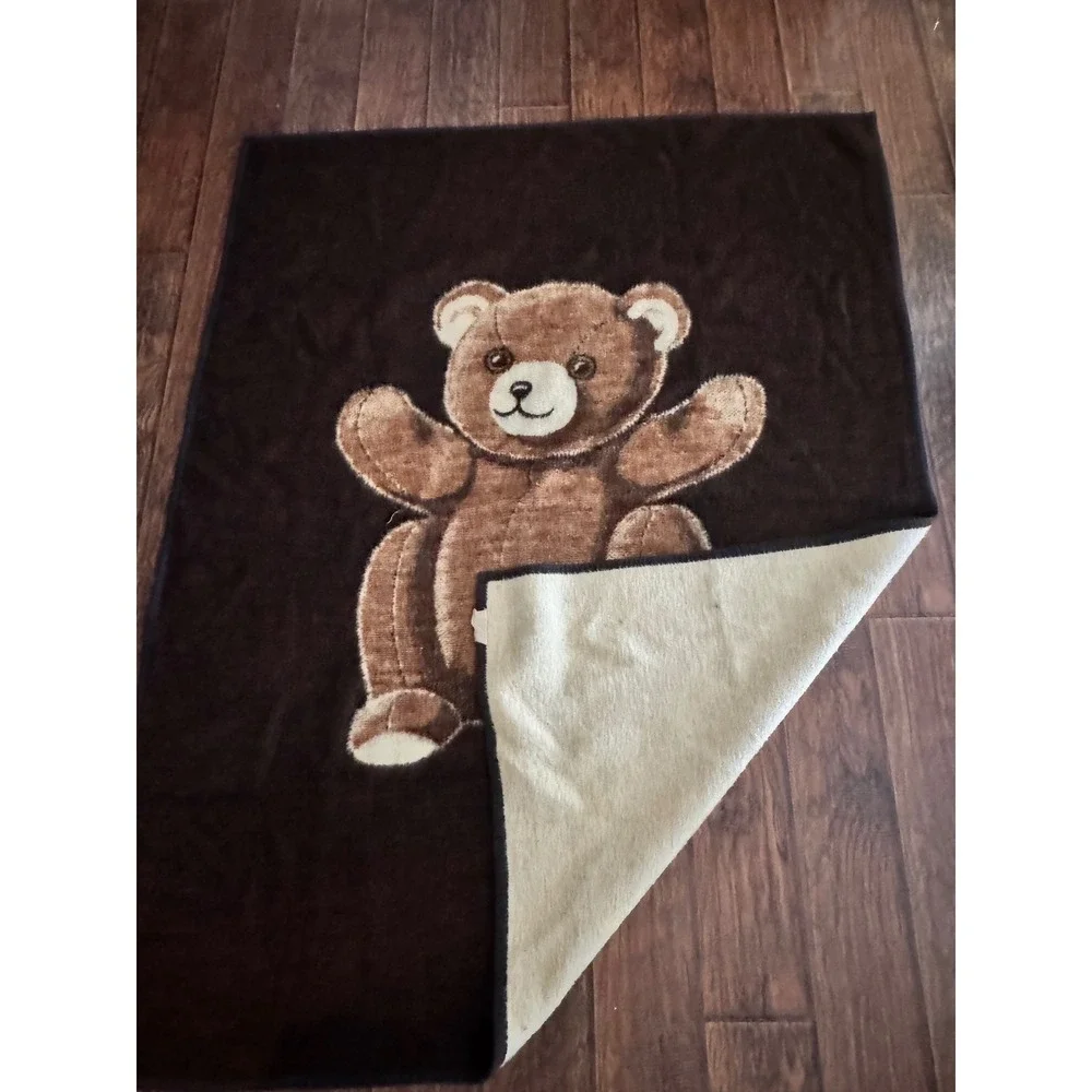 Vintage Biederlack Teddy Bear‎ Throw Blanket Brown Cream 56x74 Made in USA Plush